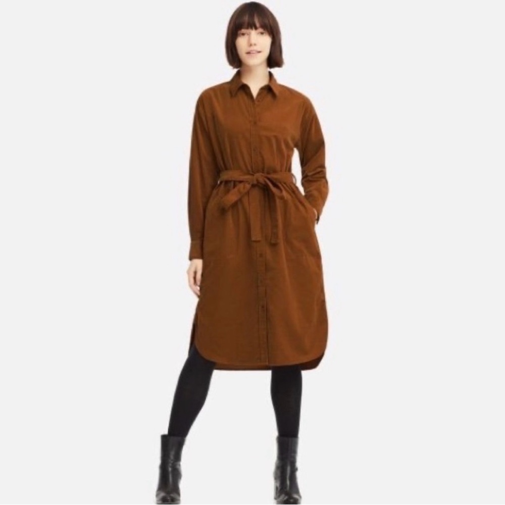 Corduroy Shirt Dress with Tie Waist - Brown